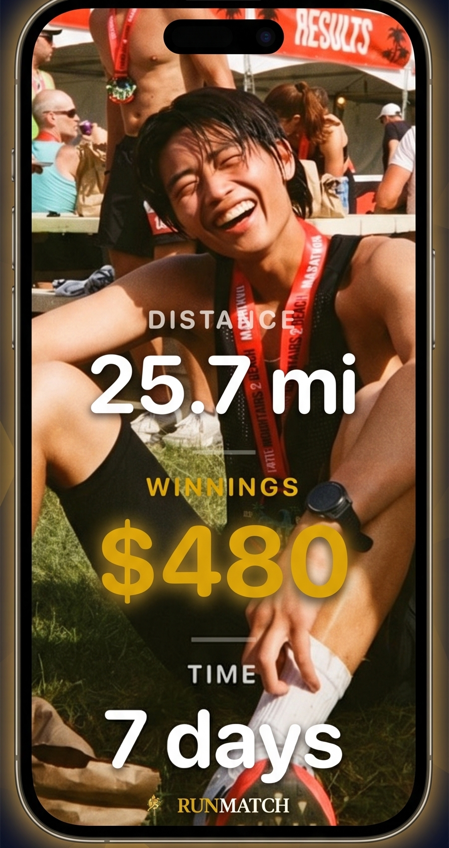 RunMatch win card on iPhone — 25.7 miles, $480 winnings